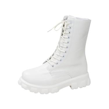 Imagem de Botas femininas com cadarço e sola plataforma grossa salto baixo e visual clássico de inspiração britânica, Branco, 34