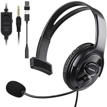 Imagem de Fone de ouvido único com fio com conector de 3,5 mm e adaptador USB-C e USB-A para PS5, PS4, Xbox, Switch, PC, iPhone, iPad, Android - Fone de ouvido mono unilateral para jogos, call center, trabalho