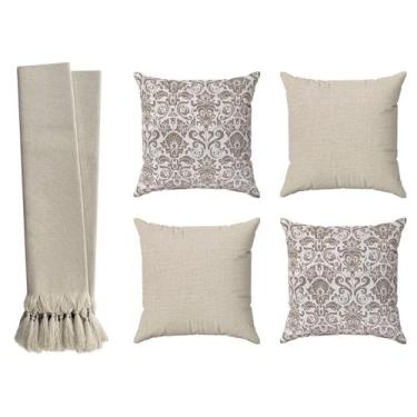 Imagem de Kit Manta Para Sofá Cama Luxo 2,20m + 4 Capas De Almofadas Bege Cru - 