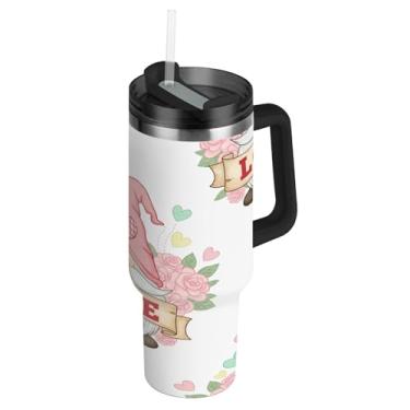 Imagem de ATTX Copo padrão de gnomos Valentine de 1,134 g com alça, copo de aço inoxidável a vácuo de parede dupla com palha, caneca de café de viagem isolada #149