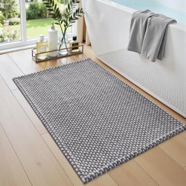 Imagem de DEXI Tapetes de banheiro 50 x 81 cm, tapete de banho lavável antiderrapante, tapete de chenille absorvente com suporte de borracha, tapete grosso ultra macio para banheira e chuveiro, cinza e branco