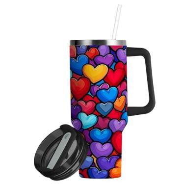 Imagem de ATTX Copo colorido com padrão de corações de amor de 850 g com alça, copo de aço inoxidável a vácuo de parede dupla com palha, caneca de café de viagem isolada #12