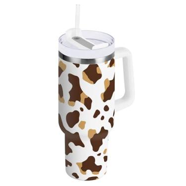 Imagem de SEHANY Copo de vaca marrom e branco de 850 g com alça, copo isolado de aço inoxidável a vácuo de parede dupla, à prova de vazamento, caneca de café isolada para viagem cabe no suporte de copo de carro