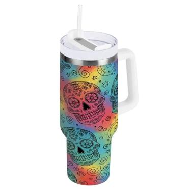 Imagem de SEHANY Copo Skull Gothic de 1,134 g com alça, copo isolado de aço inoxidável de parede dupla, à prova de vazamento, caneca de café isolada para viagem, cabe no suporte de copo de carro