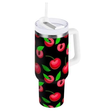 Imagem de SEHANY Copo de cereja fofo de 850 g com alça, copo isolado a vácuo de aço inoxidável de parede dupla, caneca de café à prova de vazamento, copo de viagem isolado cabe no suporte de copo de carro