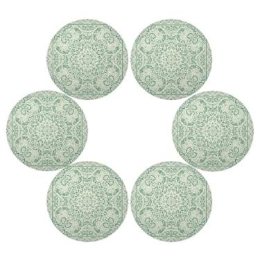 Imagem de Wassud Jogo americano conjunto de 6 tapetes de mesa redondos de mandala verde para cozinha e jantar tapetes laváveis resistentes ao calor para decoração de mesa 39 cm