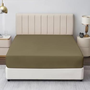 Imagem de Lençol King com elástico de 600 fios, algodão egípcio, tecido de cetim refrescante, bolsos profundos de 40,6 cm, elástico, macio, durável e respirável (taupe)