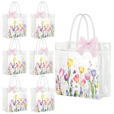Imagem de Falueqg Sacos de presente transparentes de flor de tulipa - 20 peças de sacolas de guloseimas de PVC transparente de PVC transparente com alça para bolsa de mão de flor de primavera com fita para chá