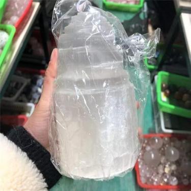 Imagem de Lâmpada de torre de selenita esculpida natural de tamanho grande pedras de cristais para decoração de casa - (Cor: 1 peça, tamanho: 150 mm)