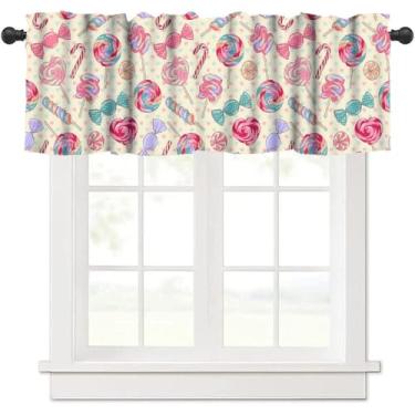 Imagem de TFOSO Cortina de sobremesa, deliciosa pirulito doce macaroon cupcake haste bolso drapeado curto para cozinha, sala de estar, berçário, janela, tratamento 1 painel 137 cm L x 45,7 cm C