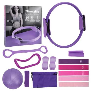 Imagem de SPYMINNPOO Kit de Pilates, Bola de Equilíbrio de 25 Cm, 5 Alças de Látex, Alça Dupla para Exercícios de Escultura, Força e Tonificação (Roxa)