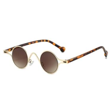 Imagem de Óculos de Sol Masculinos Redondos Pequenos e Metálicos Estilo Retrô com Rebites, Lentes Degradê Punk e Proteção UV400, Modelo Feminino com Estampa de Leopardo e Degradê Chá.