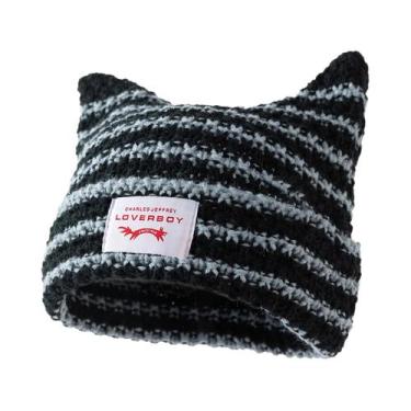 Imagem de Gorro De Tricô Listrado Unissex Y2K Feito À Mão Com Orelhas De Gato, G