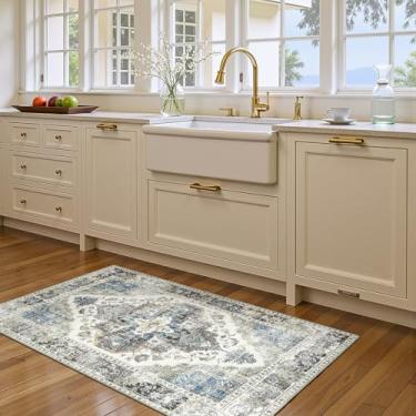 Imagem de jinchan Tapete vintage, tapetes de cozinha modernos 7,5 x 12,7 cm, lavável, antiderrapante, fino, elegante, retrô, leve, tapete de chenille para quarto, sala de estar