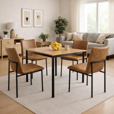 Imagem de Conjunto de Jantar 4 Cadeiras Lisa Estofada cor Conhaque Pé Aço Preto 