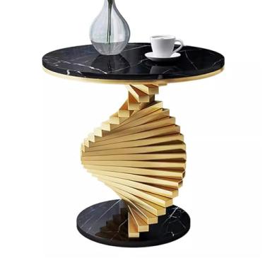 Imagem de Mesa lateral redonda moderna, base de metal abstrata, mesa de canto pequena com topo de pedra para sala de estar, quarto, perfeita para espaços pequenos