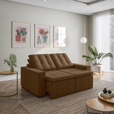 Imagem de Sofá Cama Retrátil e Reclinável 3 Lugares 180cm em Veludo com Molas e Braço Reto Palmeira Cabecasa M Marrom