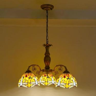 Imagem de Lustre de estilo Tiffany [3 luzes] de pingente de vidro de vidro luminária de vidro [altura ajustável de 12 polegadas] Luz de teto E26 antigo vintage para a sala de jantar da sala da sala de