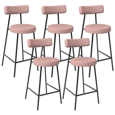 Imagem de Kit 05 Banquetas Baixa Bar Cozinha Sala De Jantar Aço Milão L02 Linho Rosa - Lyam Decor