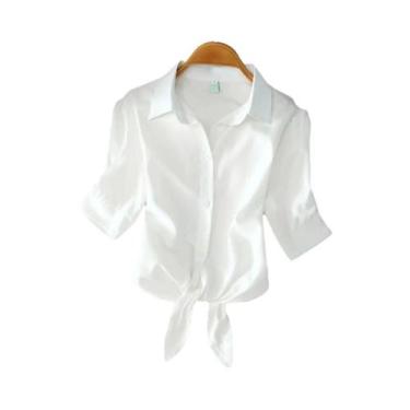 Imagem de Blusa Casual Feminina Branca De Manga Curta, Camisa Elegante Para Escr