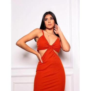 Imagem de Vestido longo vazado com detalhe e fenda na lateral - NoBrand, Laranja