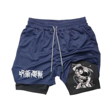 Imagem de Shorts De Corrida Masculinos 2 Em 1 Em Malha Com Estampa De Anime, Cal