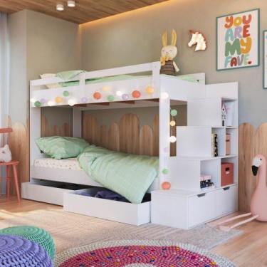 Imagem de Cama Beliche Infantil com Escada e Nichos com 2 Gavetões Branco - Comp