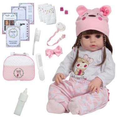 Imagem de Bebê Reborn Menina Silicone Realista 46cm Cabelo Castanho Com Kit Roup