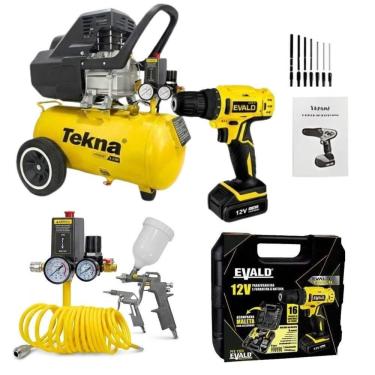Imagem de Compressor De Ar Com Kit 2,5hp 22l 220v E Parafusadeira 12v Bivolt Com  Kit 13 Peças Tekna Evald