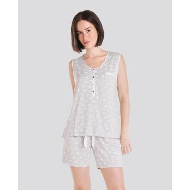 Imagem de Pijama Feminino Curto Macio com Estampa de Penas Cinza Lohe, Cinza, XG