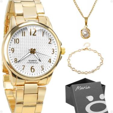 Imagem de Relogio Feminino Resistente + Colar Ponto Luz + Pulseira dourado aço i