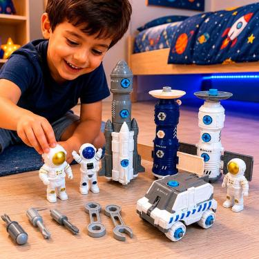 Imagem de Kit Brinquedo Espacial com Foguete Satélite Astronautas Carro e Ferramentas 11 Peças Branco