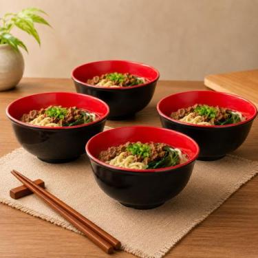 Imagem de Kit 4 Tigelas Orientais 850ml Preta Vermelha Bowl Ramen Sopa Açaí Sala