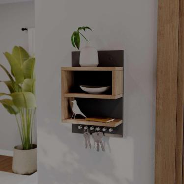Imagem de Porta Chaves Dublin Organizador com 6 Pinos e Prateleira Preto e Freijo Mercado das Prateleiras 25CM