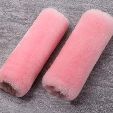Imagem de OGLAND Pacote com 2 almofadas automotivas autênticas para cinto de segurança de carro de pele de carneiro, almofada de ombro macia, protetor de almofada de pescoço, lã merino natural genuína (rosa