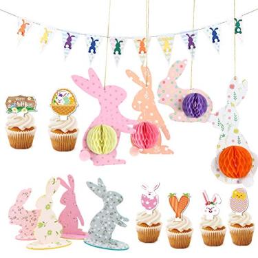 Imagem de 15 peças de decoração de festa com tema de coelho banner de coelho pendurado coelhinho da páscoa lanterna bola e decoração de mesa de coelho de feltro e 6 palitos de dente de comida com design de coelho e ovo para festa de aniversário de Páscoa