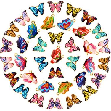 Imagem de 48 peças de cores mistas com pingente de borboleta, liga esmaltada, pingentes Kawaii, pequenos chaveiros, pingentes, colares, berloques de borboleta, joias para fazer berloques para pulseiras de bricolagem, pingentes, joias artesanais