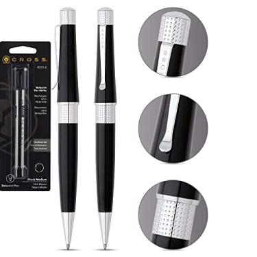 Imagem de Cross Beverly Pearlescent Black com banda central pronunciada, clipe contemporâneo e acabamento sofisticado caneta esferográfica de ponta média + 2 refis de caneta esferográfica cruzada, tinta preta em caixa de presente corporativa