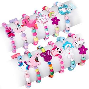 Imagem de G.C 12 peças de pulseiras para meninas, joias para crianças, pingente fofo de unicórnio, sereia, animal, pulseiras coloridas de madeira com contas de princesa, presentes para crianças pequenas