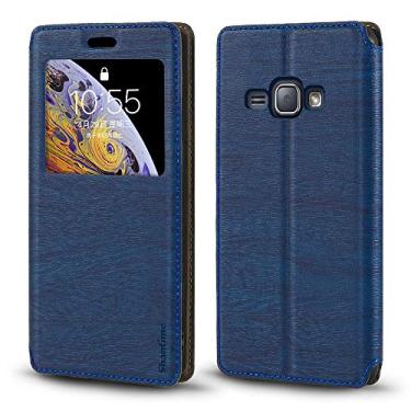 Imagem de Capa para Samsung Galaxy J1 6 Duos LTE, capa de couro de grão de madeira com suporte de cartão e janela, capa flip magnética para Samsung Galaxy J1 4G (4,5 polegadas) azul