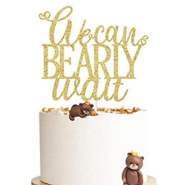 Imagem de Topo de bolo We Can Bearly Wait, decoração de chá de bebê, suprimentos para meninos e meninas, tema de pelúcia, decoração de festa de revelação de gênero e sobremesa, dupla face, glitter dourado