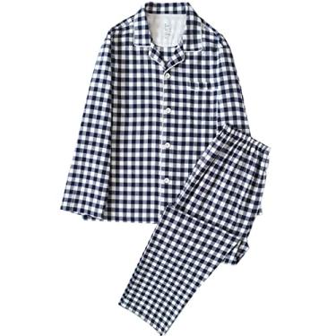 Imagem de Conjunto de pijama Loungewear Pijamas de algodão ultramacio conjunto de calças de pijama feminino camisola grade listrado confortável duas peças, azul, GG (175 cm/70 kg)