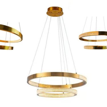 Imagem de Lustre Pendente Aneis Arco Dourado Cristal Luminaria Led 52W Luxo Casa Sala De Estar Sa...