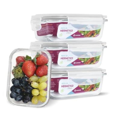 Imagem de Conjunto Kit 4 Potes Vidro Hermético Marmita Fitness 370ml (Branco)