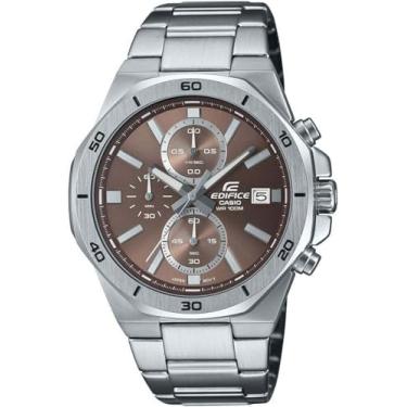 Imagem de Casio Relógio masculino Edifice EFV-640D-5AVUDF marrom mostrador analógico prata pulseira de aço inoxidável cronógrafo 100 m resistente à água ED585, Marrom, Clássico