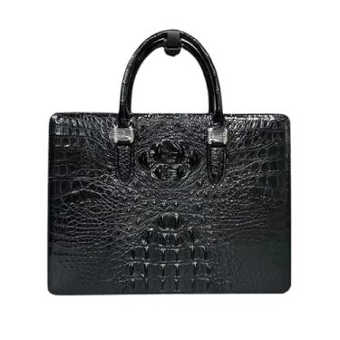 Imagem de Bolsa masculina de couro de crocodilo genuíno estilo empresarial clássica preta para laptop de couro de jacaré exótico masculina grande bolsa de trabalho, Preto