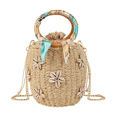 Imagem de JBRUN Sacola feminina com estampa de palha e flor de pérola, alça de rattan, bolsa balde de palha e bolsas de mão para mulheres, Branco