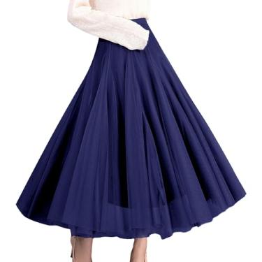 Imagem de KAICAILA Saia feminina evasê de tule forrada com cintura elástica saia de cintura alta midi renda longa plissada saia de malha, Azul marino, One Size Long