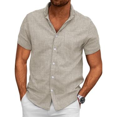 Imagem de EFAN Camisa masculina de linho havaiana de manga curta casual com botões flanela roupas de trabalho, Caqui, P