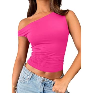 Imagem de Trendy Queen Camisetas femininas com ombros de fora, sem mangas, regatas cropped justas Y2K, roupas de verão 2024, Rosa brilhante, GG